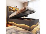 Letto Imbottito Flieks 90X200Cm Con Contenitore, Letto Per Ragazzi Letto Singolo Con Usb E Led, Letto Contenitore Con Rete A Doghe In Metallo, Lino, Grigio