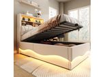 Letto Imbottito Flieks 90X200Cm Con Contenitore, Letto Per Ragazzi Letto Singolo Con Usb E Led, Letto Contenitore Con Rete A Doghe In Metallo, Lino, Beige