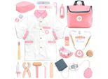 Umu® Valigetta Del Medico Per Bambini In Legno 20 Pezzi - Camice Medico, Stetoscopio, Accessori Dentali, Per Bambini Da 2, 3, 4 E 5 Anni - Rosa