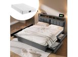Letto Matrimoniale Con 4 Cassetti& Presa Usb C, Letto Imbottito 140X200Cm, Testata Regolabile In Altezza, Rete A Doghe In Legno (Con Materasso)