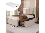 Letto Imbottito Con Led E 2 Cassetti, Testata Regolabile In Altezza, Letto Singolo 90X200Cm Letto Contenitore Struttura Letto, Beige Con Materasso