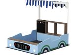 Sabbiera Con Tetto, 90 X 108 Cm Sabbiera In Legno Sabbiera Con Panca, Tavolo Da Disegno, Fioriere, Negozio Design Per 2 Bambini 3-7 Anni Blu Aosom