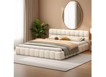 Letto Imbottito Fortuna Lai 140X200 Cm, Letto Matrimoniale Con Schienale, Rete A Doghe E Rivestimento In Lino, Beige