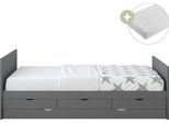 Sunny Eli Letto Estraibile Con 3 Cassetti, Grigio | Letto A 2 Piazze - Materasso Ibrido 90 X 200 Incluso (14 Cm, Schiuma Ibrida, Rivestimento In Poliestere) | Dimensioni Totali: 206 X 97 X 75 Cm