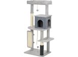 Fortuna Lai Albero Tiragraffi Per Gatti 132 Cm Con Palo Tiragraffi, Cuccia, Casetta, Piattaforme Di Salto, Spazzola Per La Toelettatura, Grigio Chiaro