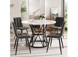 Set Tavolo Da Pranzo Sweiko (5 Pezzi), Set Tavolo Da Pranzo Con 4 Sedie, Set Tavolo Da Pranzo Per Cucina Moderna, Tavolo Da Cucina Rotondo Con Diametro 100 Cm, Gambe In Metallo Nero, Piano Del Tavolo In Marmo Mdf, Sedie Da Pranzo In Velluto Grigio