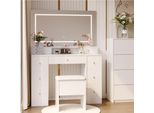 Tavolo Da Trucco Bianco Con Specchio Led A Tre Colori, Interruttore Touch E Ampio Spazio Di Archiviazione Con Sgabello