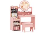 Costway Tavolino Da Toilette Per Bambini Con Illuminazione, Tavolino Da Toilette Per Bambini Con Specchio, Mensole E Sgabello Imbottito, Tavolino Da Toilette Per Bambine Dai 3 Anni In Su, Rosa
