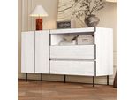 Merax Sideboard Con Doppie Ante E Doppi Cassetti, Mobile Contenitore Moderno Con Ripiani Aperti, Per Soggiorno E Sala Da Pranzo, Bianco