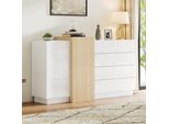 Credenza Merax Lucida Con Venature Del Legno, Mobile Da Sala Da Pranzo Moderno Con Spazio Contenitivo, Credenza Senza Maniglie Con 4 Cassetti Profondi E Ante, Bianco + Legno