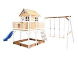 Axi Liam Casetta Con Pavimento, Sabbiera, Doppia Altalena E Scivolo Blu | Casa Da Gioco Per Giardino / Esterno In Marrone E Bianco Da Legno | Parco Giochi Per Bambini