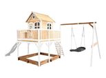 Axi Liam Casetta Con Pavimento, Sabbiera, Altalena A Nido E Scivolo Bianco | Casa Da Gioco Per Giardino / Esterno In Marrone E Bianco Da Legno | Parco Giochi Per Bambini