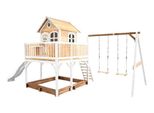 Axi Liam Casetta Con Pavimento, Sabbiera, Doppia Altalena E Scivolo Bianco | Casa Da Gioco Per Giardino / Esterno In Marrone E Bianco Da Legno | Parco Giochi Per Bambini