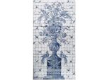 Casa Padrino Luxury Baroque Deco Wall Painting Vase With Flowers And Birds White / Grey / Blue 155 X H. 280 Cm - Piastrelle Di Mosaico In Pietra Naturale Dipinte A Mano - Decorazione Murale Barocca