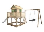Axi Liam Casetta Con Pavimento, Sabbiera, Altalena A Nido E Scivolo Bianco | Casa Da Gioco Per Giardino / Esterno In Marrone E Verde In Legno | Parco Giochi Per Bambini