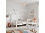 Letto Per Bambini Merax 90X200Cm Con Protezione Anticaduta E Rete A Doghe, Letto A Casetta Con Camino, Letto In Legno Di Pino Per Bambini, Bianco