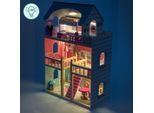 Grande Casa Delle Bambole In Legno A 3 Piani Con Terrazza, Mobili E Illuminazione A Led!