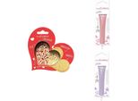 Confezione Di Biscotti Con Cuore In Rilievo + 2 Bastoncini Di Cioccolato In Rosa E Viola Pastello
