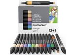 Winsor & Newton 0290139 Promarker, Pennarello Professionale Per Layout - 2 Punte, Fine E Larga Per Disegni, Progettazione E Layout - Set Di 13 Colori - Manga 1