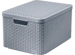Curver Rattan Style Scatola Portaoggetti Con Coperchio, Cestino Portaoggetti, In Plastica, Realizzato Con Almeno Il 70% Di Materiale Riciclato (Grigio Chiaro, L: 44,5 X 33 X 24,8 X 24,8 Cm)