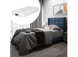 Letto Singolo Imbottito Sweiko Con Testata Morbida E Rete A Doghe In Legno Lino Blu 90 X 200 Cm Con Materasso A Media Densità