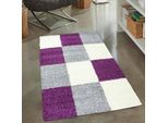 Tappeto Shaggy A Pelo Alto Con Motivo A Quadri Viola Grigio Crema Dimensioni - 60X110 Cm