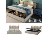 Letto Imbottito Sweiko Letto Matrimoniale Con Luce Di Lettura E Funzione Di Ricarica Usb, Letto Contenitore Con Testata E Rete A Doghe, Similcuoio Beige 160X200Cm (Senza Materasso)