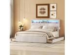 Letto Imbottito Flieks Con Usb E Rete A Doghe, Letto Matrimoniale 140X200Cm Letto Contenitore Con 4 Cassetti, Letto In Legno Massiccio Letto Funzionale Con Led, Biancheria Da Letto Giovanile, Beige
