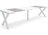 Consolle Allungabile, 302X90X73Cm, Per 14 Persone, Gambe In Legno, Bianco E Cemento