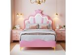 Letto Imbottito Fortuna Lai 90X200Cm, Letto Matrimoniale Per Bambini Con Testata A Forma Di Corona, Letto Per Ragazzi Letto In Legno Con Rete A Doghe, Pu, Rosa