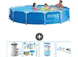 Piscina Intex Con Struttura Rotonda - 366 X 76 Cm - Blu - Pacchetto Manutenzione Pompa Incluso - Filtro - Aspirapolvere