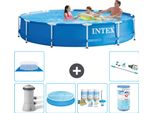 Piscina Intex Con Struttura Rotonda - 366 X 76 Cm - Blu - Inclusa Pompa Tenda Da Sole - Pacchetto Manutenzione - Filtro - Telo Di Fondo - Aspirapolvere