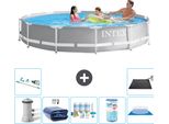 Piscina Intex Round Prism Frame - 366 X 76 Cm - Grigio - Pompa Inclusa - Tenda Da Sole - Pacchetto Manutenzione - Filtro - Telo Di Fondo - Aspirapolvere - Tappeto Solare