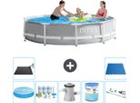Piscina Intex Con Struttura A Prisma Rotondo - 305 X 76 Cm - Grigio - Include Tenda Da Sole - Pacchetto Di Manutenzione - Pompa Filtro Per Piscina - Filtro - Aspirapolvere - Tappetino Solare