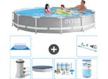 Piscina Intex Round Prism Frame - 366 X 76 Cm - Grigio - Incluso Coperchio Pompa - Pacchetto Manutenzione - Filtro - Copertura Del Terreno - Aspirapolvere