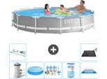 Piscina Intex Round Prism Frame - 366 X 76 Cm - Grigio - Pompa Inclusa - Tenda Da Sole - Pacchetto Manutenzione - Filtro - Telo Di Fondo - Aspirapolvere - Tappeto Solare