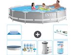 Piscina Intex Con Struttura A Prisma Rotondo - 366 X 76 Cm - Grigio - Include Copertura - Pacchetto Manutenzione - Pompa Filtro Per Piscina - Filtro - Telo Di Fondo - Aspirapolvere
