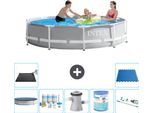 Piscina Intex Con Struttura A Prisma Rotondo - 305 X 76 Cm - Grigio - Include Copertura - Pacchetto Di Manutenzione - Pompa Filtro Per Piscina - Filtro - Aspirapolvere - Tappeto Solare