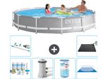 Piscina Intex Con Struttura A Prisma Rotondo - 366 X 76 Cm - Grigio - Pacchetto Manutenzione Incluso - Pompa Filtro Per Piscina - Filtro - Copertura Del Terreno - Aspirapolvere - Tappeto Solare