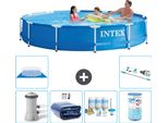 Piscina Intex Con Struttura Rotonda - 366 X 76 Cm - Blu - Inclusa Pompa Tenda Da Sole - Pacchetto Manutenzione - Filtro - Telo Di Fondo - Aspirapolvere