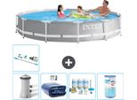 Piscina Intex Round Prism Frame - 366 X 76 Cm - Grigio - Inclusa Pompa - Tenda - Pacchetto Manutenzione - Filtro - Aspirapolvere