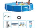 Piscina Intex Con Struttura Rotonda - 366 X 76 Cm - Blu - Inclusa Copertura Della Pompa - Pacchetto Manutenzione - Filtro - Aspirapolvere