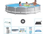 Piscina Intex Round Prism Frame - 366 X 76 Cm - Grigio - Inclusa Copertura Pompa - Pacchetto Manutenzione - Filtro - Copertura Del Terreno - Aspirapolvere - Tappetino Solare
