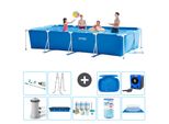Piscina Intex Con Struttura Rettangolare - 450 X 220 X 84 Cm - Blu - Inclusa Copertura Pompa - Pacchetto Manutenzione - Filtro - Telo Di Fondo - Aspirapolvere - Scaletta