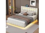 Cdglobal Letto Imbottito 160X200Cm Con Illuminazione A Led E Presa Usb, Letto Matrimoniale Con Giroletto E Testata Regolabile In Altezza, Letto In Legno Biancheria Da Letto Funzionale Per Giovani, Beige