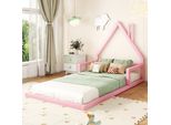 Letto Per Bambini Flieks 90X200Cm Con Protezione Anticaduta, Letto Da Pavimento In Legno Con Rete A Doghe, Letto Singolo Classico Per La Camera Dei Bambini, Rosa