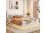 Letto Imbottito Flieks 140X200Cm Con Led, Letto Giovanile Letto Matrimoniale Con Testata Regolabile In Altezza, Letto Classico Letto In Legno Con Rete A Doghe, Pu, Beige