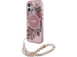 Custodia Guess Per Iphone 16, Guess Iml Flowers Con Cinturino Perlato Magsafe, Rosa