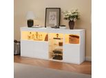 Credenza Bianca Lucida 155 Cm Con Illuminazione Led Controllata Tramite App, Cassettiera Senza Maniglie Con 3 Ante E Ripiani In Vetro, Credenza Moderna Per Soggiorno