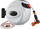Avvolgitubo Automatico – 25 M – Bianco – Avvolgitubo A Muro – Avvolgitubo Con Ugello A 9 Getti – Flessibile